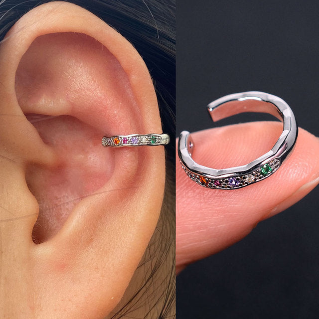 1Pc Hollow Geometry Rainbow CZ Cuff Wrap Clip On Earrings Women Climber Ear Cartilage Bone Clips